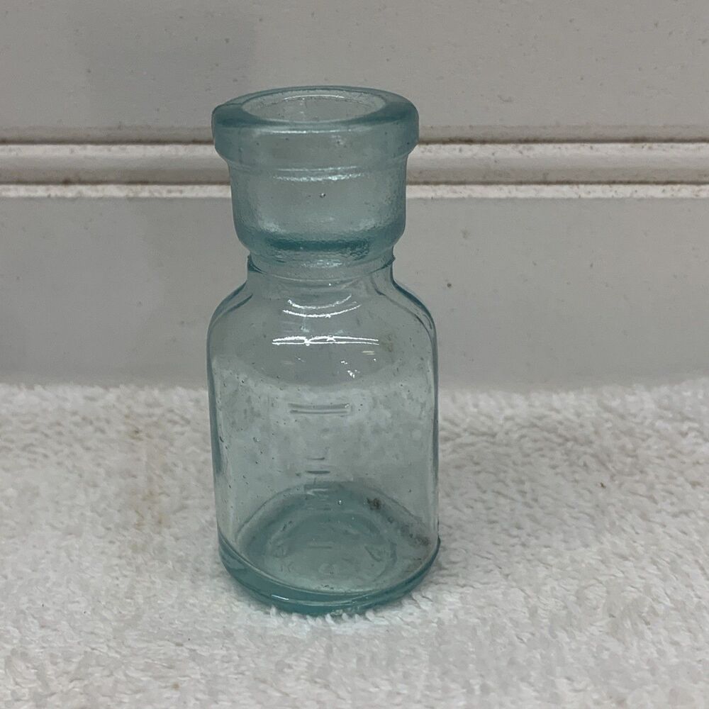 Vintage Tiny Medicine Bottle Wide Cup Top Embossed 10 Mil 2.25”